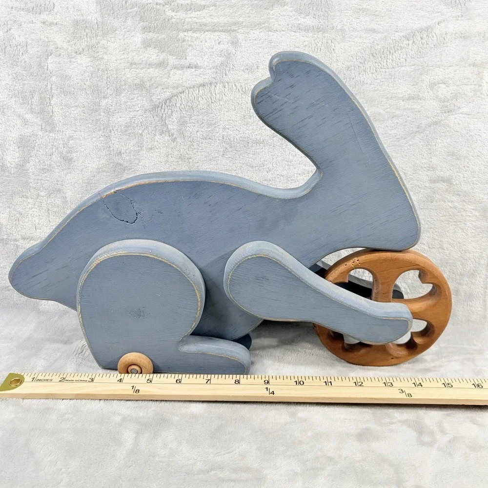 Blue Wood Bunny Rabbit On‎ Wheels Figure Decor Primitive Farmhouse Cottage Core
